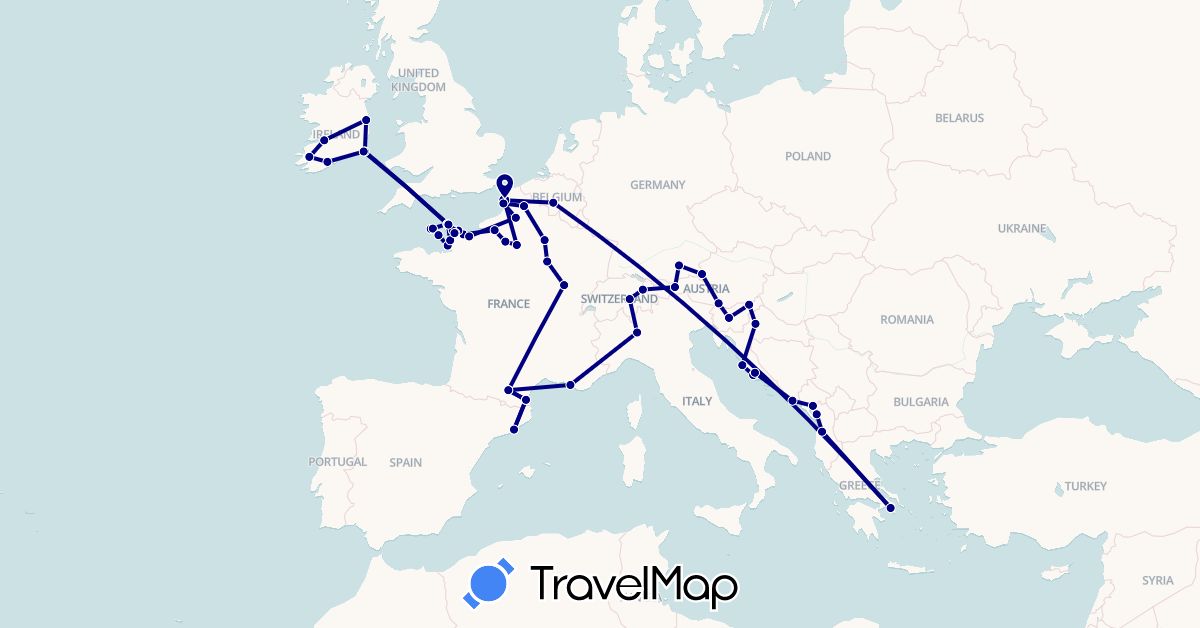 TravelMap itinerary: driving in Albania, Austria, Belgium, Switzerland, Germany, Spain, France, Guernsey, Greece, Croatia, Ireland, Italy, Jersey, Liechtenstein, Montenegro, Slovenia (Europe)
